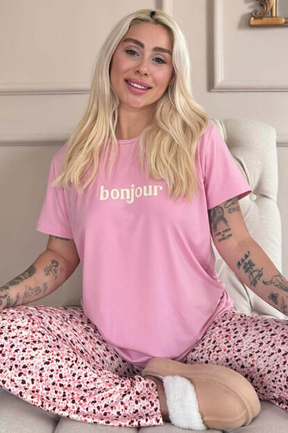 Pembe Bonjour Desenli Kısa Kollu Örme Kadın Pijama Takımı - 7