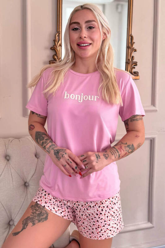 Pembe Bonjour Desenli Kısa Kollu Şortlu Örme Kadın Pijama Takımı - Pijamaevi