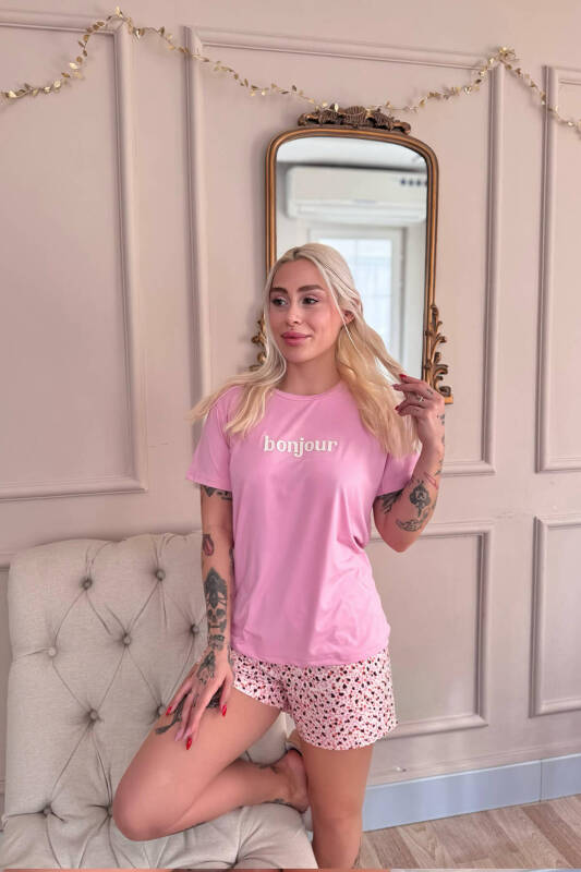 Pembe Bonjour Desenli Kısa Kollu Şortlu Örme Kadın Pijama Takımı - Pijamaevi (1)