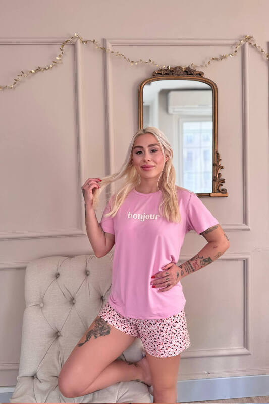 Pembe Bonjour Desenli Kısa Kollu Şortlu Örme Kadın Pijama Takımı - Pijamaevi (2)