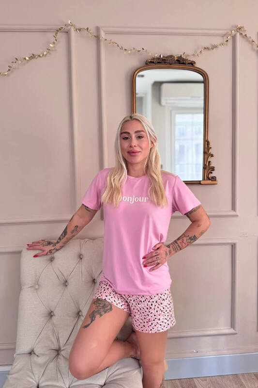 Pembe Bonjour Desenli Kısa Kollu Şortlu Örme Kadın Pijama Takımı - Pijamaevi (3)