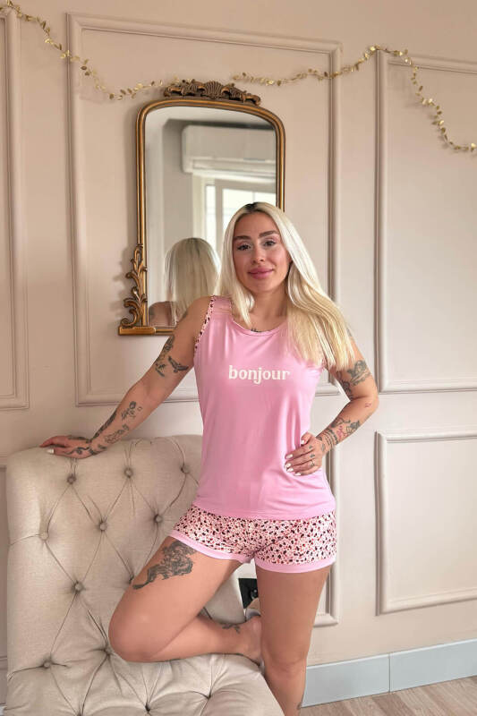 Pembe Bonjour Desenli Sıfır Kol Şortlu Örme Kadın Pijama Takımı - Pijamaevi (1)