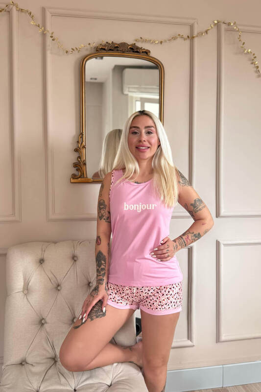 Pembe Bonjour Desenli Sıfır Kol Şortlu Örme Kadın Pijama Takımı - Pijamaevi (2)