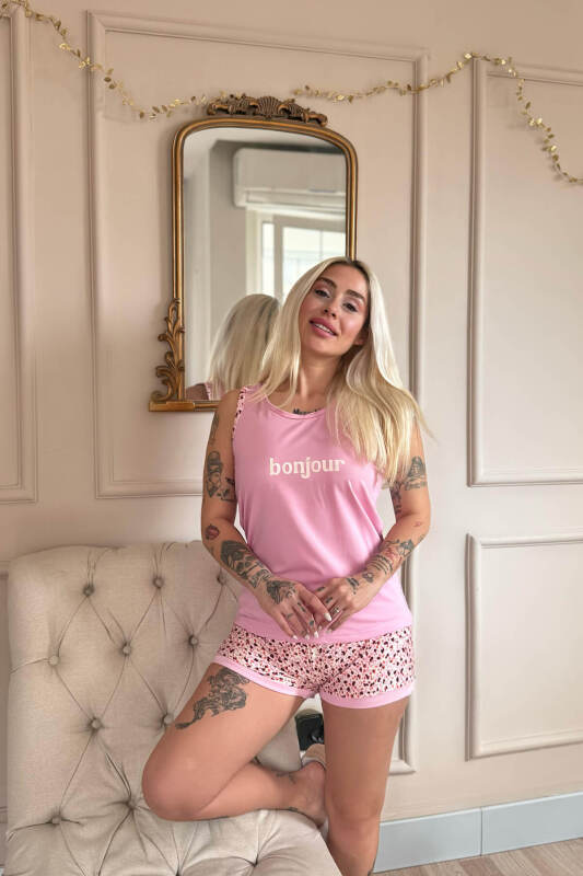 Pembe Bonjour Desenli Sıfır Kol Şortlu Örme Kadın Pijama Takımı - Pijamaevi (3)