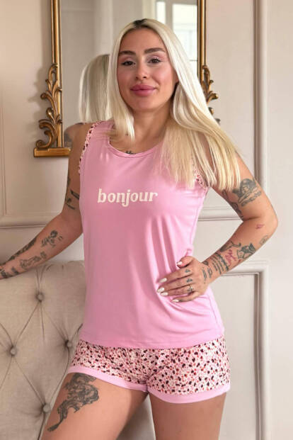 Pembe Bonjour Desenli Sıfır Kol Şortlu Örme Kadın Pijama Takımı - 6