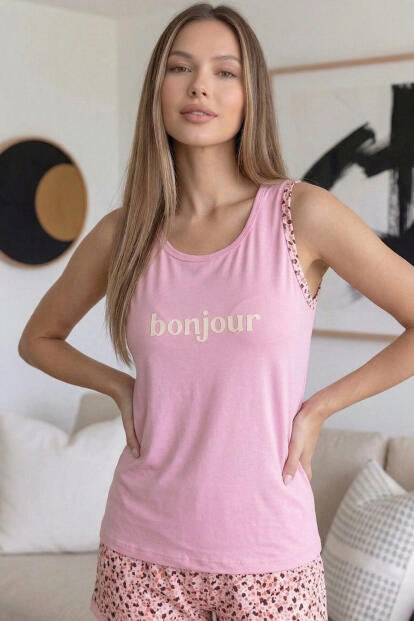 Pembe Bonjour Desenli Sıfır Kol Şortlu Örme Kadın Pijama Takımı - 4