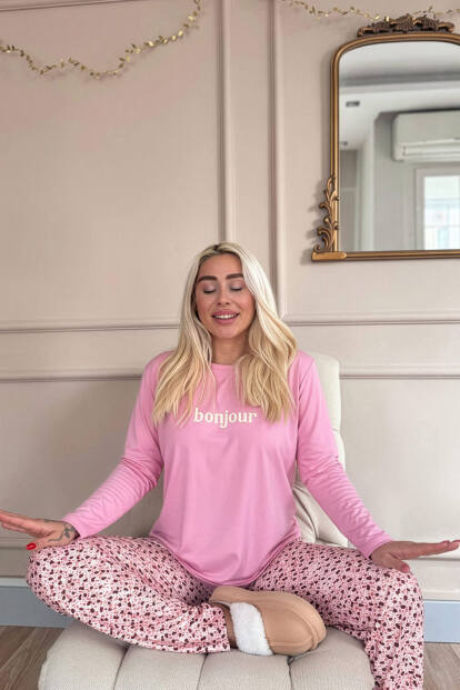 Pembe Bonjour Desenli Uzun Kollu Bambu Örme Kadın Pijama Takımı - 2