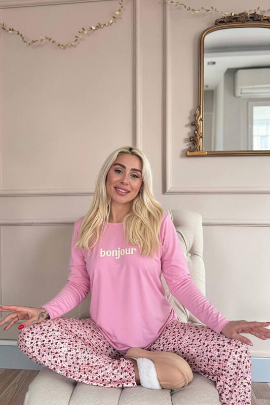 Pembe Bonjour Desenli Uzun Kollu Bambu Örme Kadın Pijama Takımı - Pijamaevi (2)