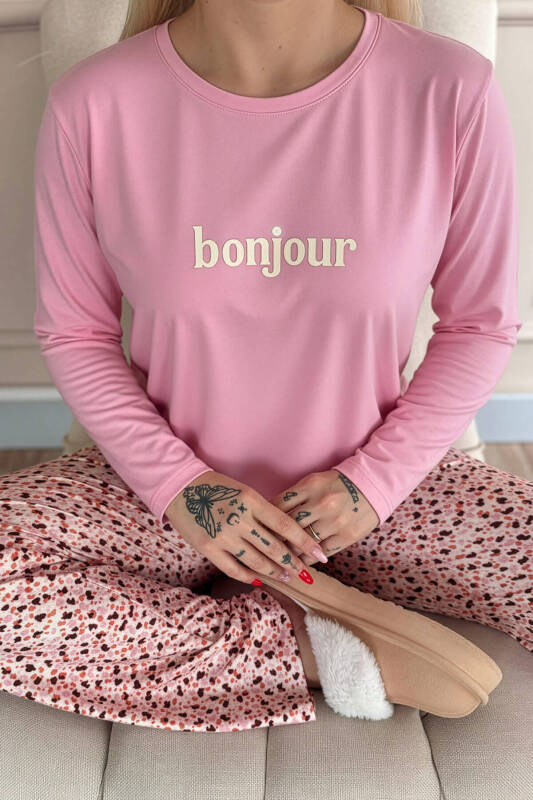 Pembe Bonjour Desenli Uzun Kollu Bambu Örme Kadın Pijama Takımı - Pijamaevi (3)