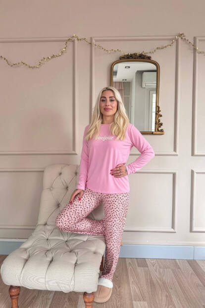 Pembe Bonjour Desenli Uzun Kollu Bambu Örme Kadın Pijama Takımı - 5