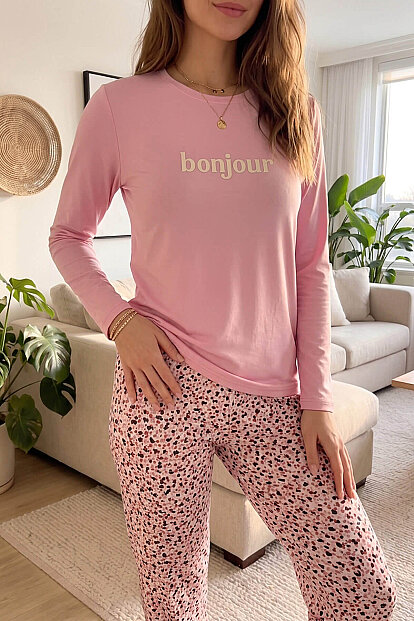Pembe Bonjour Desenli Uzun Kollu Bambu Örme Kadın Pijama Takımı - 8