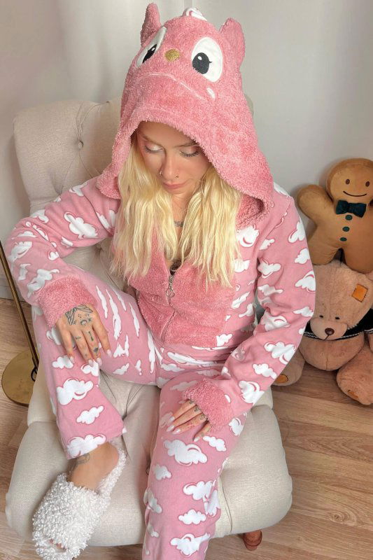 Pembe Bulut Desenli Kadın Polar Peluş Tulum Pijama Takımı - Pijamaevi (3)
