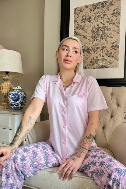 Pembe California Baskılı Örme Önden Düğmeli Kısa Kol Pijama - 2