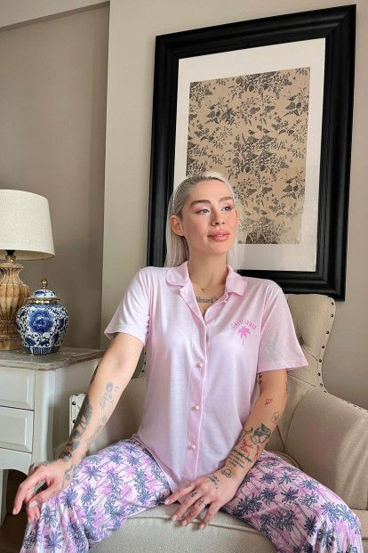 Pembe California Baskılı Örme Önden Düğmeli Kısa Kol Pijama - 3