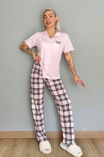 Pembe California Baskılı Örme Önden Düğmeli Kısa Kol Pijama - 5