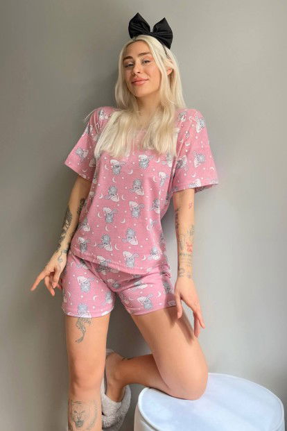 Pembe Capped Tavşan Baskılı Şortlu Kadın Pijama Takımı - 1