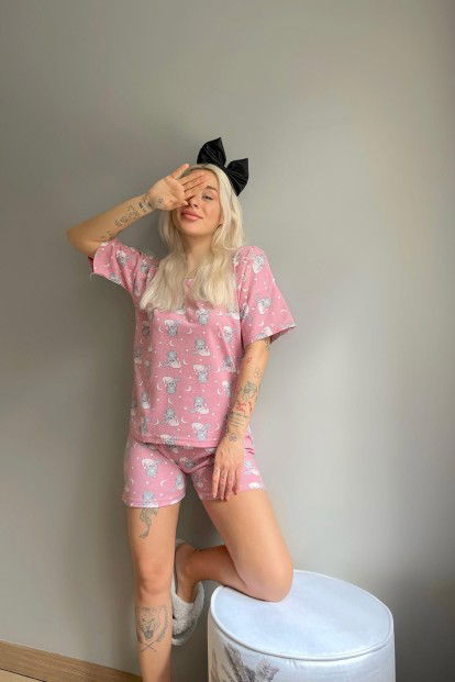 Pembe Capped Tavşan Baskılı Şortlu Kadın Pijama Takımı - 2
