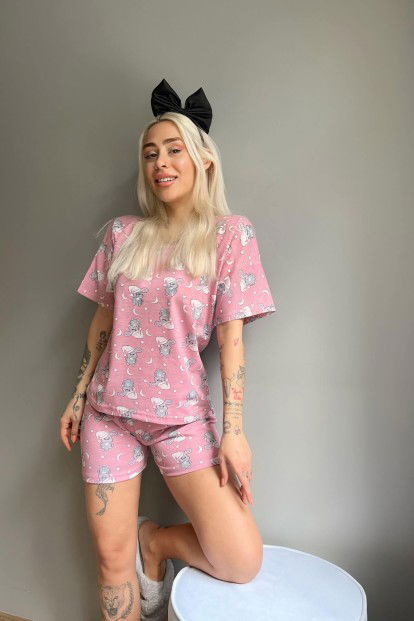 Pembe Capped Tavşan Baskılı Şortlu Kadın Pijama Takımı - 3