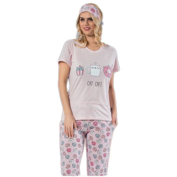 Pembe Cat Cafe Desenli Sabahlıklı Pijama Takımı - 3