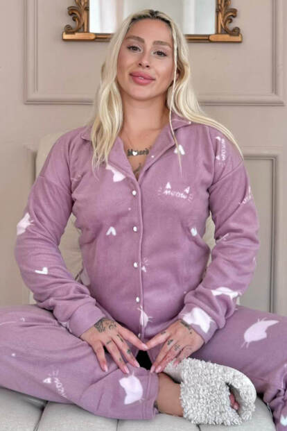 Pembe Cat Desenli Önden Düğmeli Peluş Polar Pijama Takımı - 1