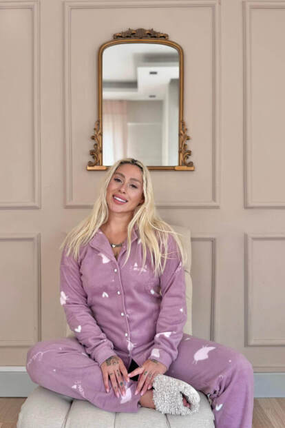 Pembe Cat Desenli Önden Düğmeli Peluş Polar Pijama Takımı - 2