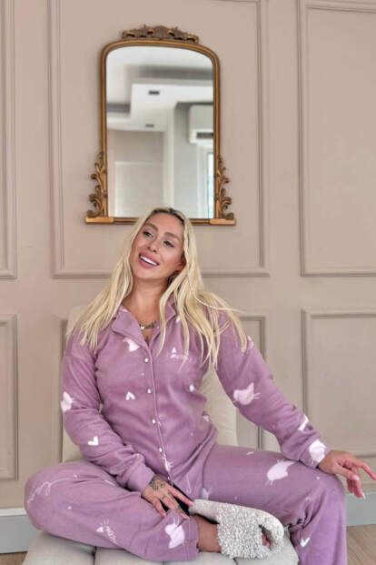 Pembe Cat Desenli Önden Düğmeli Peluş Polar Pijama Takımı - 3