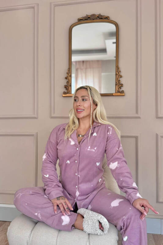 Pembe Cat Desenli Önden Düğmeli Peluş Polar Pijama Takımı - Pijamaevi (3)