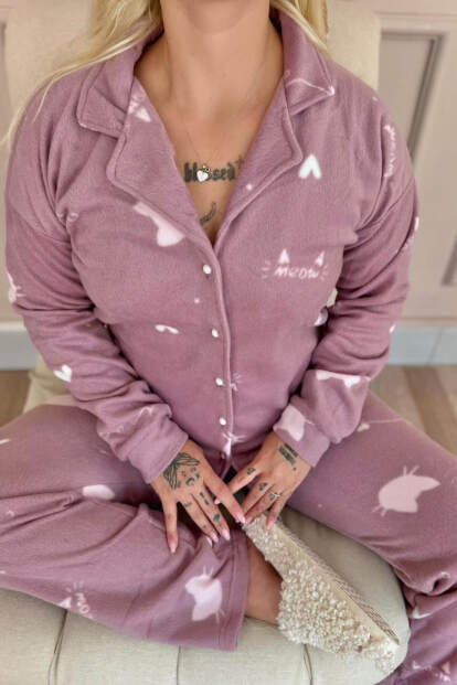 Pembe Cat Desenli Önden Düğmeli Peluş Polar Pijama Takımı - 5