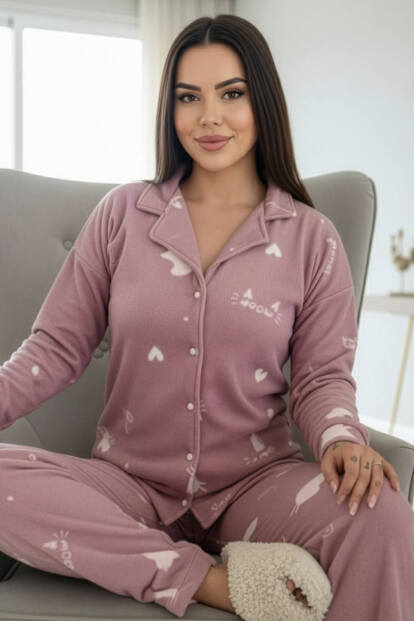 Pembe Cat Desenli Önden Düğmeli Peluş Polar Pijama Takımı - 1