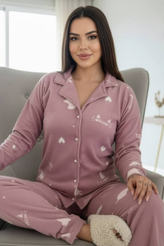 Pembe Cat Desenli Önden Düğmeli Peluş Polar Pijama Takımı - Pijamaevi