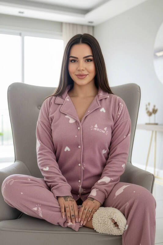 Pembe Cat Desenli Önden Düğmeli Peluş Polar Pijama Takımı - Pijamaevi (1)