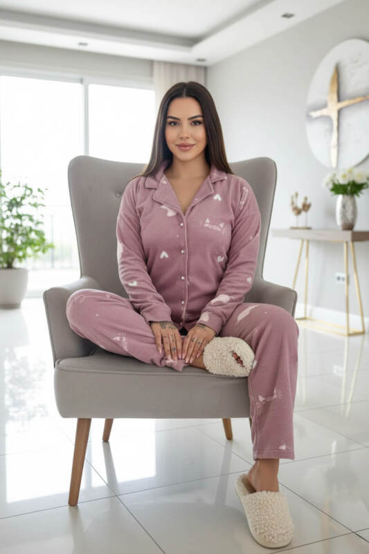 Pembe Cat Desenli Önden Düğmeli Peluş Polar Pijama Takımı - Pijamaevi (3)