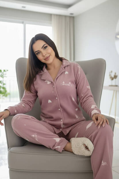 Pembe Cat Desenli Önden Düğmeli Peluş Polar Pijama Takımı - 5