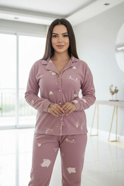 Pembe Cat Desenli Önden Düğmeli Peluş Polar Pijama Takımı - 6