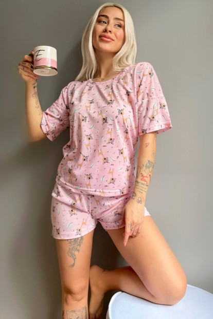 Pembe Ceylan Baskılı Şortlu Kadın Pijama Takımı - 1