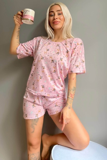 Pembe Ceylan Baskılı Şortlu Kadın Pijama Takımı - 2