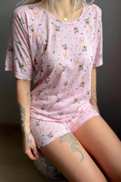 Pembe Ceylan Baskılı Şortlu Kadın Pijama Takımı - 5
