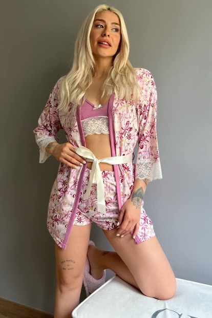 Pembe Çiçek Desenli Sabahlıklı Bralet Örme Pijama Takımı - 1