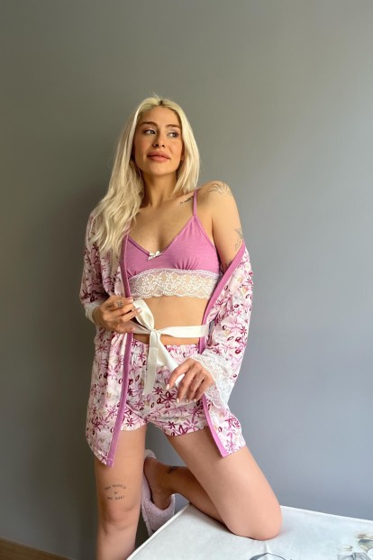 Pembe Çiçek Desenli Sabahlıklı Bralet Örme Pijama Takımı - 2