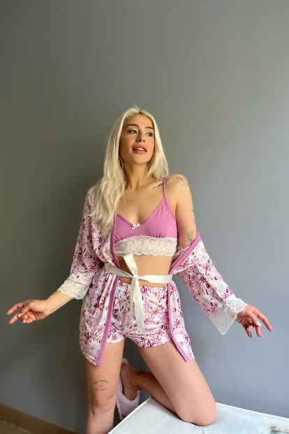 Pembe Çiçek Desenli Sabahlıklı Bralet Örme Pijama Takımı - 3