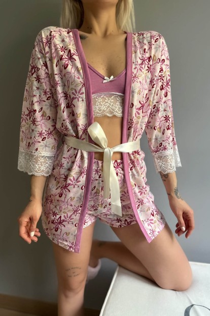 Pembe Çiçek Desenli Sabahlıklı Bralet Örme Pijama Takımı - 4