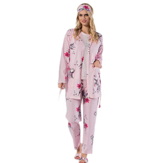 Pembe Çiçek Desenli Sabahlıklı Pijama Takımı - 1