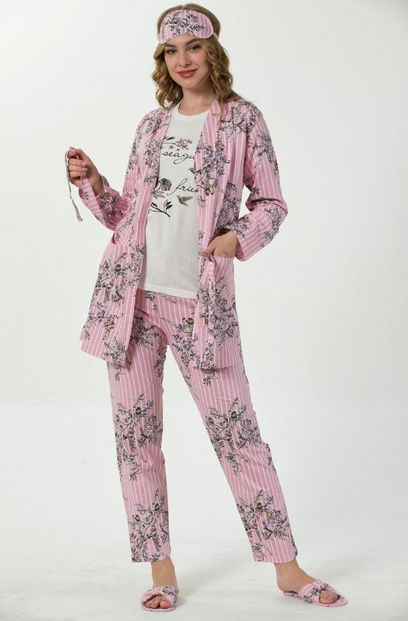 Pembe Çiçek Kuş Desenli Sabahlıklı Pijama Takımı - 1