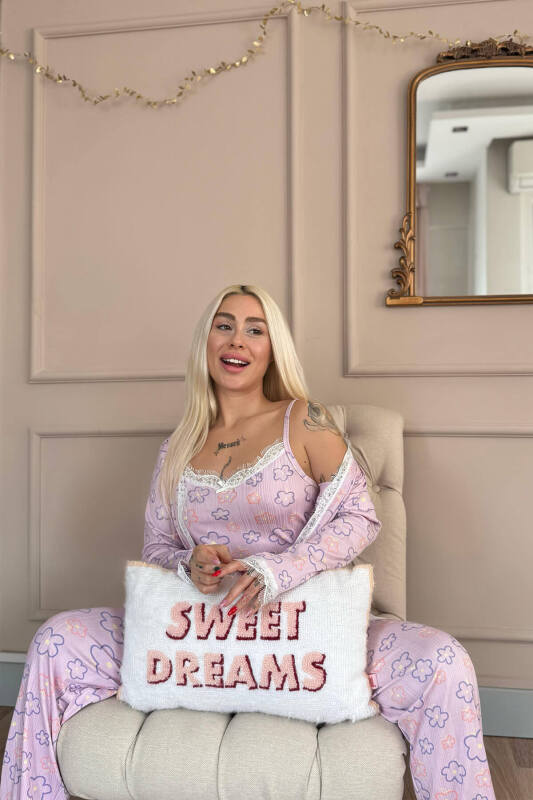 Pembe Çizgi Çiçek Desenli Sabahlıklı Pegasus Pijama Takımı - Pijamaevi (1)