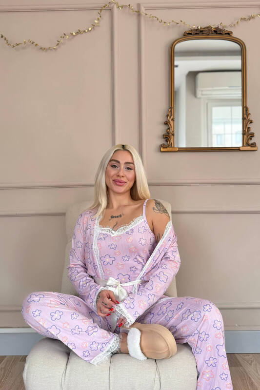 Pembe Çizgi Çiçek Desenli Sabahlıklı Pegasus Pijama Takımı - Pijamaevi (2)