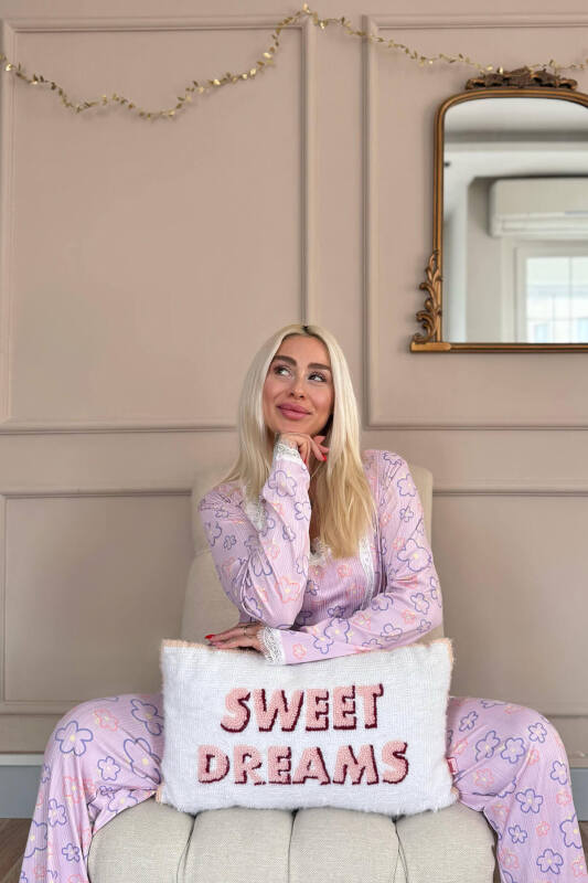 Pembe Çizgi Çiçek Desenli Sabahlıklı Pegasus Pijama Takımı - Pijamaevi (3)