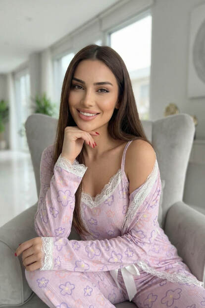 Pembe Çizgi Çiçek Desenli Sabahlıklı Pegasus Pijama Takımı - 2