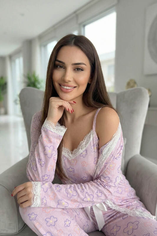Pembe Çizgi Çiçek Desenli Sabahlıklı Pegasus Pijama Takımı - Pijamaevi (1)