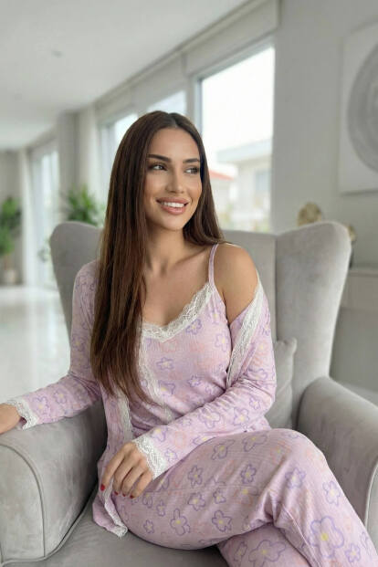 Pembe Çizgi Çiçek Desenli Sabahlıklı Pegasus Pijama Takımı - 3