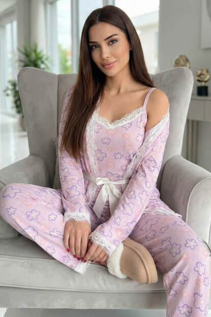 Pembe Çizgi Çiçek Desenli Sabahlıklı Pegasus Pijama Takımı - 6